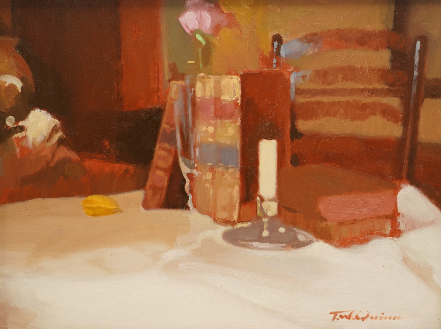 Tom W. Quinn (1918-2005), Impressionist oil on board, Interior scene with still life of books, signed, 29 x 39cm, gilt framed. Condition - good